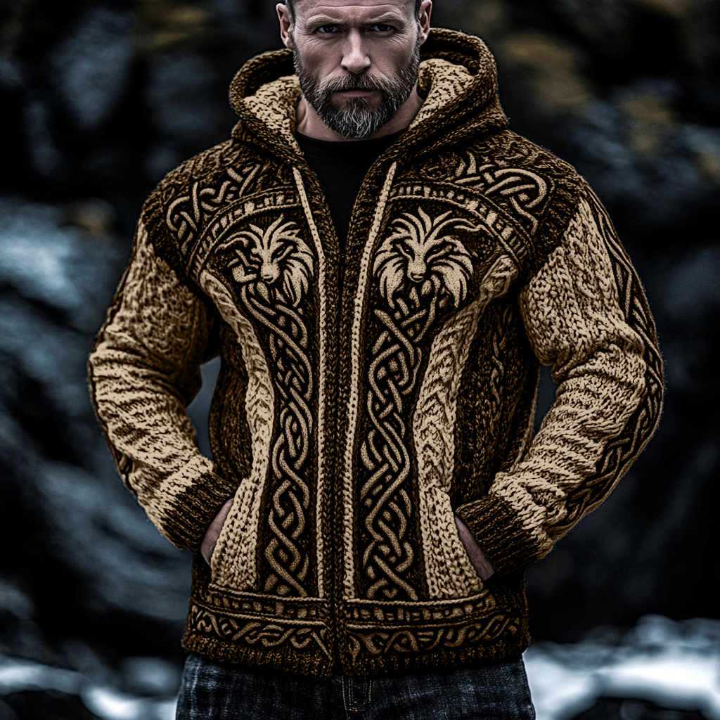 Men's Viking Wolf Style Celtic Thick Zip Hooded Sweater