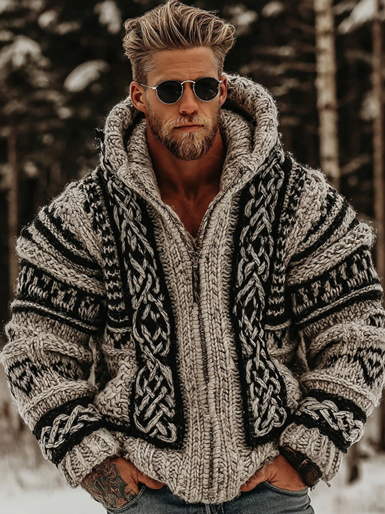 Men's Vintage Viking Celtic Knot Art Knit Hooded Zip Up Sweater