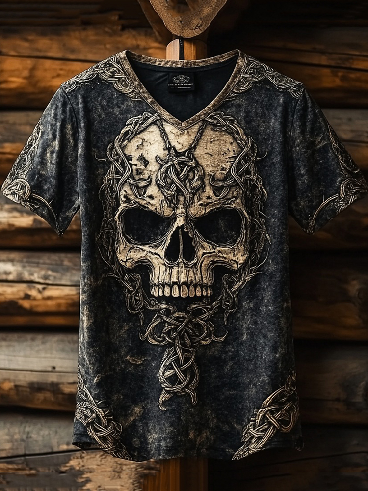 Men's Viking Celtic Skull Runes Washed Linen T-shirt