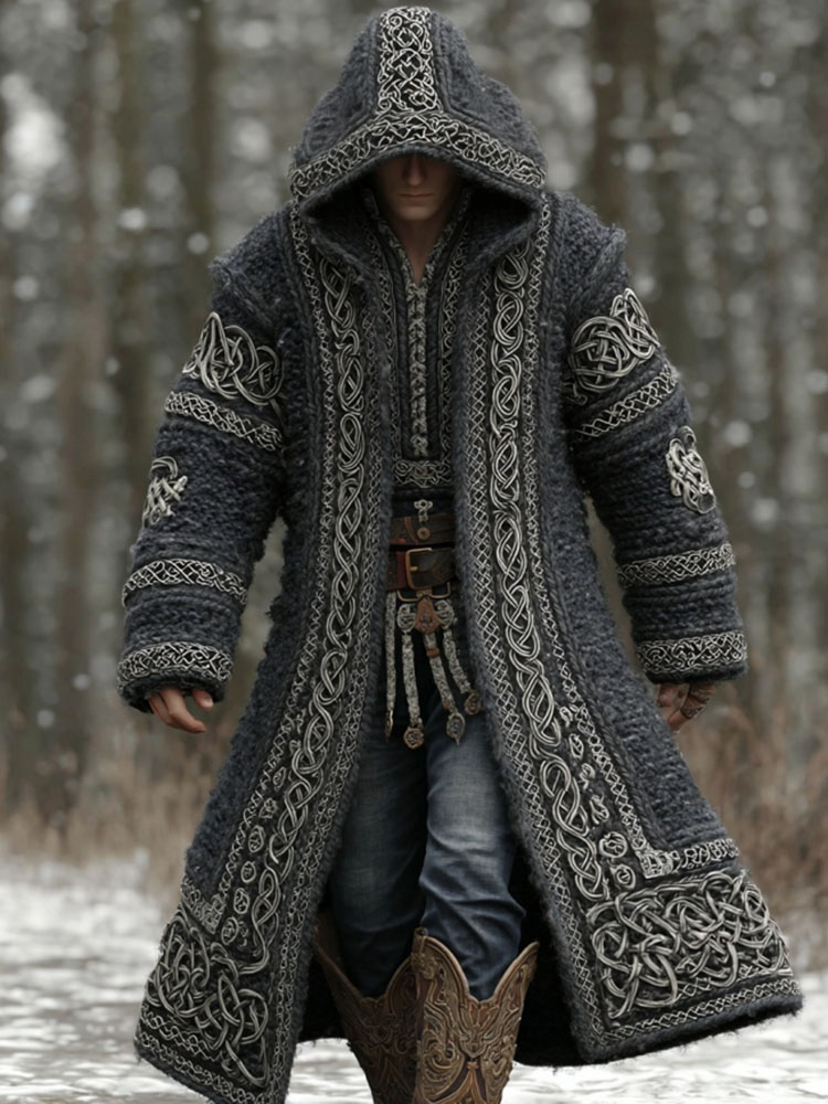 Men's Vintage Viking Celtic Knot Art Mid-length Cardigan Sweater