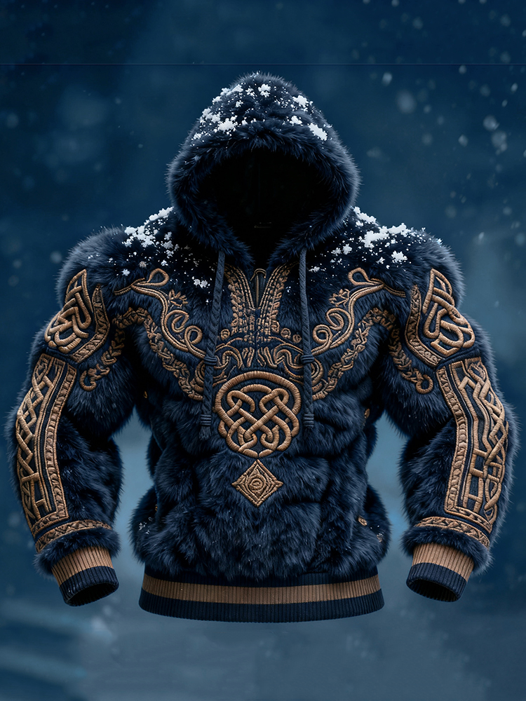 Men's Viking Tribal Jacquard Art Inspired Muscle Line Art Plush Warm Hoodie