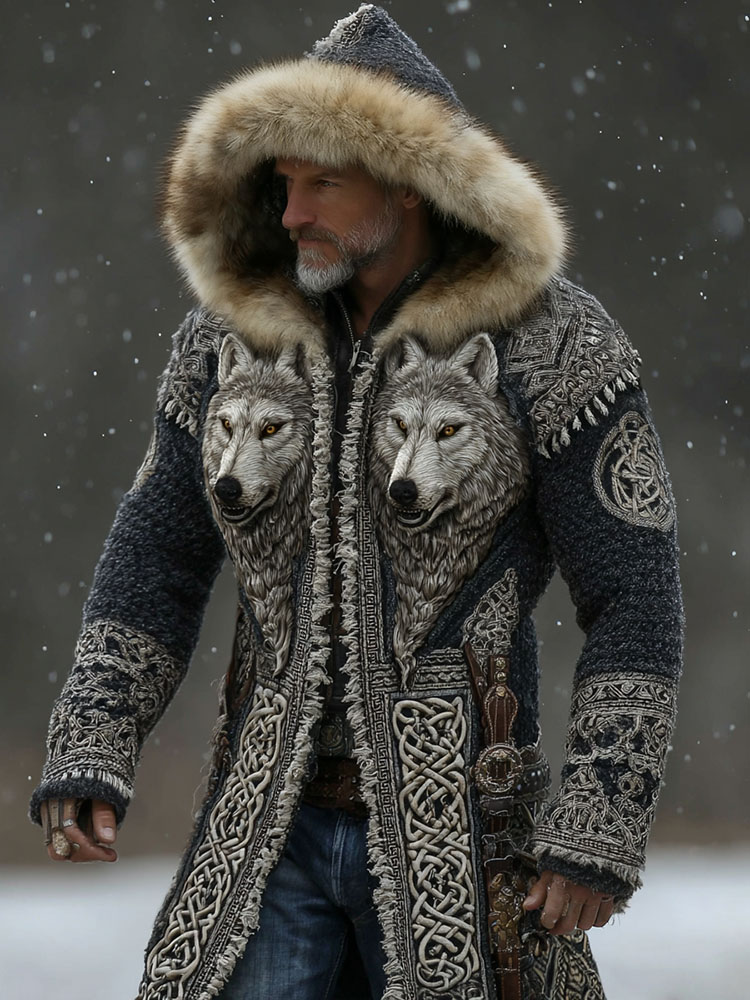 Viking Celtic Knot & Wolf Art Men's Hooded Knit Cardigan