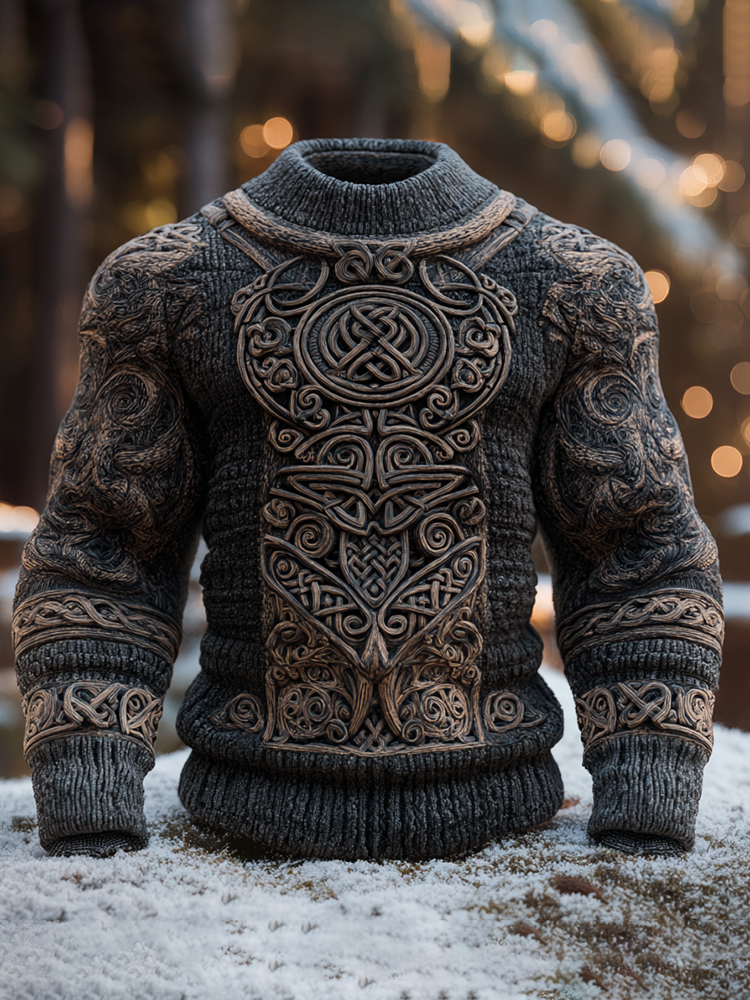 Men's Ancient Viking Tribal Art Inspired Winter Warmth Knit Woolen Sweater