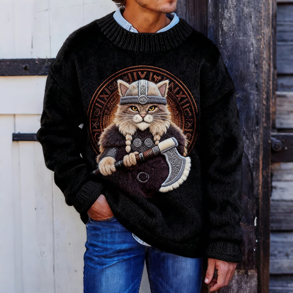 Men's Viking Warrior Cat Art Vintage Cozy Knit Sweater