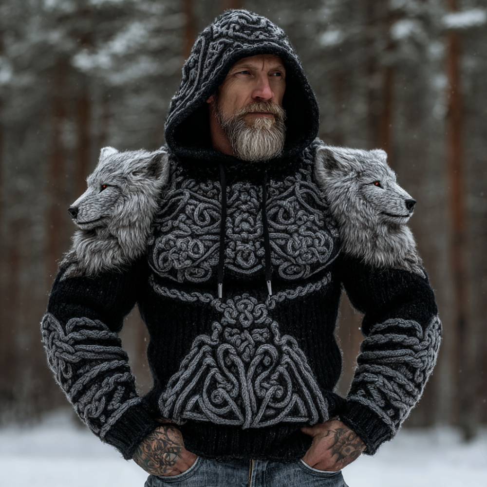 Men's Viking Style Wolf Totem Embroidered Celtic Knot Knitted Thick Hooded Sweater