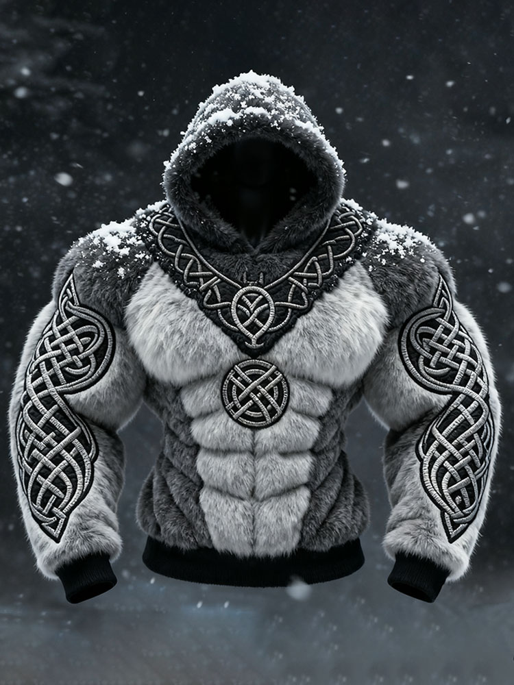 Men's Viking Tribal Jacquard Celtic Inspired Muscle Line Art Plush Warm Hoodie
