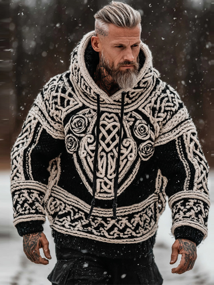 Men's Viking Tribal Jacquard Celtic With Rose Inspired Chunky Knit Hooded Sweater