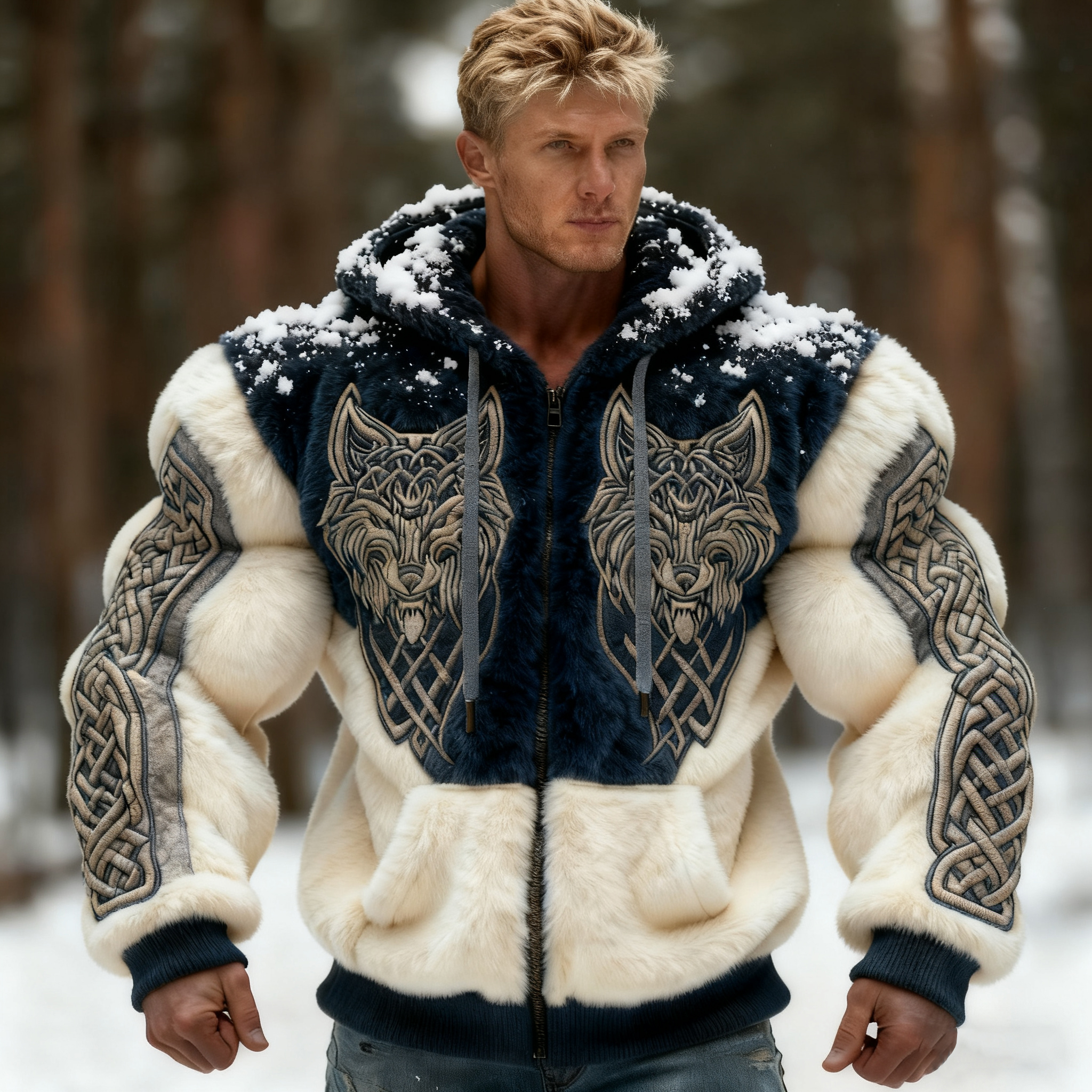 Men's Viking Wolf Style Celtic Art Cozy Flannel Zip-up Hoodie