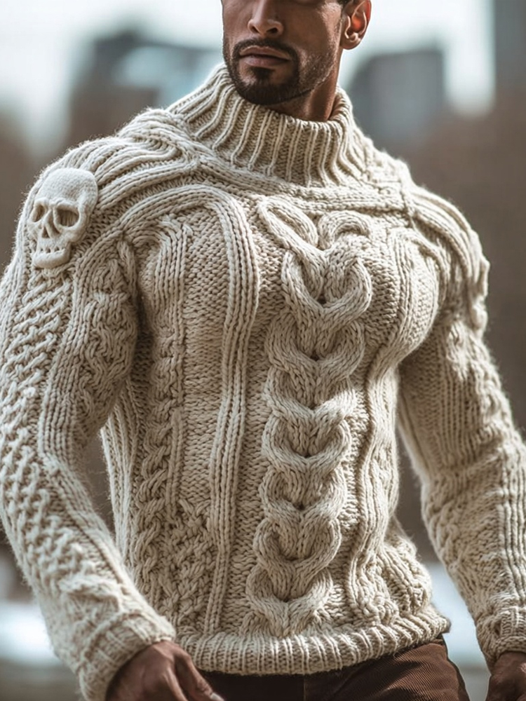 Men's Vintage Skull Celtic Chunky Cozy Turtleneck Sweater
