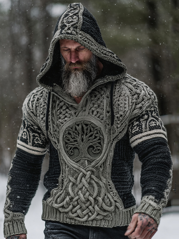 Men's Viking Tribal Jacquard Celtic Knotwork Tree Of Life Inspired Chunky Knit Hooded Sweater