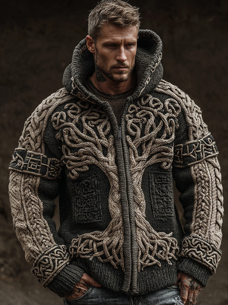 Men's Viking Life Of Tree Jacquard Knit Zipper Aran Sweater Hooded Cardigan