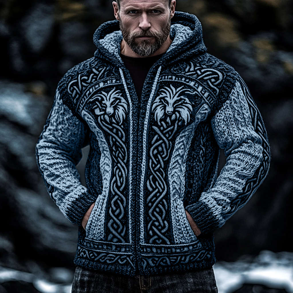 Men's Viking Wolf Style Celtic Thick Zip Hooded Sweater