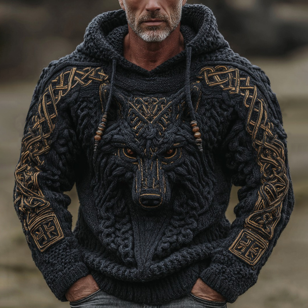Men's Tribal Viking Wolf Celtic Knot Jacquard Knit Hooded Sweater