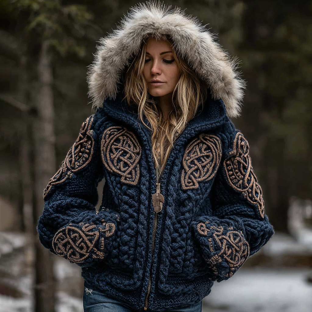 Women's Viking Celtic Knot Art Cozy Fur Collar Knit Hooded Sweater Jacket