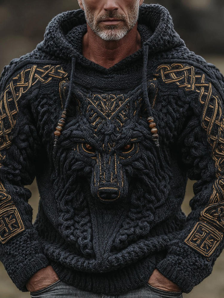Men's Tribal Viking Wolf Celtic Knot Jacquard Knit Hooded Sweater