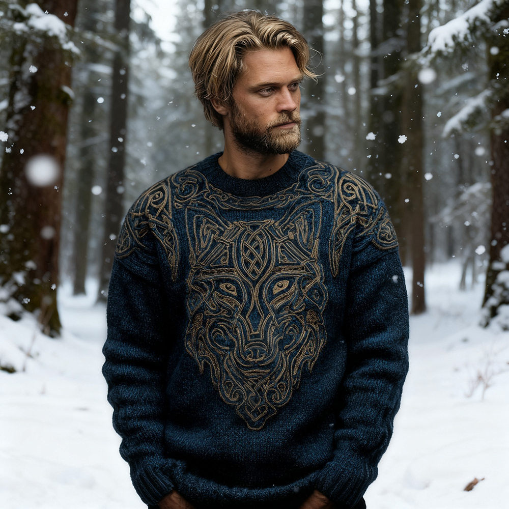 Men's Viking Inspired Celtic Wolf Pattern Knit Cozy Sweater