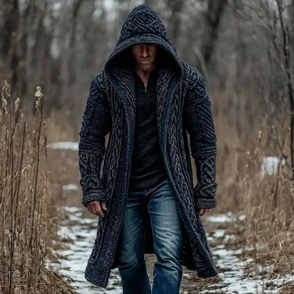 Men's Viking Inspired Celtic Chunky Hooded Sweater Cardigan
