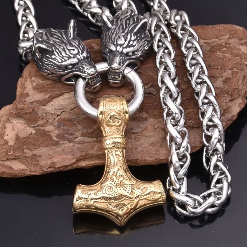 Viking Wolf Head Thor's Hammer Pendant Necklace