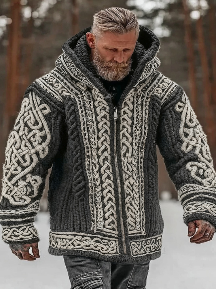 Men's Vintage Viking Celtic Knot Art Chunky Knit Hooded Zip-up Sweater