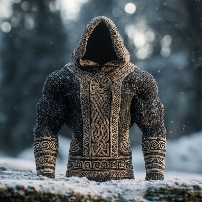 Men's Vintage Ancient Viking Tribal Art Inspired Winter Warmth Knit Woolen Hooded Sweater