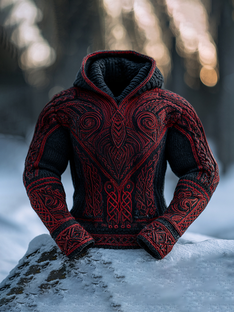 Men's Vintage Ancient Viking Tribal Art Inspired Winter Warmth Knit Woolen Hooded Sweater