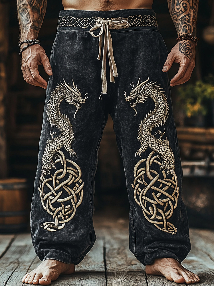 Men's Retro Viking Tribal Dragon Celtic Knot Art Linen Pants