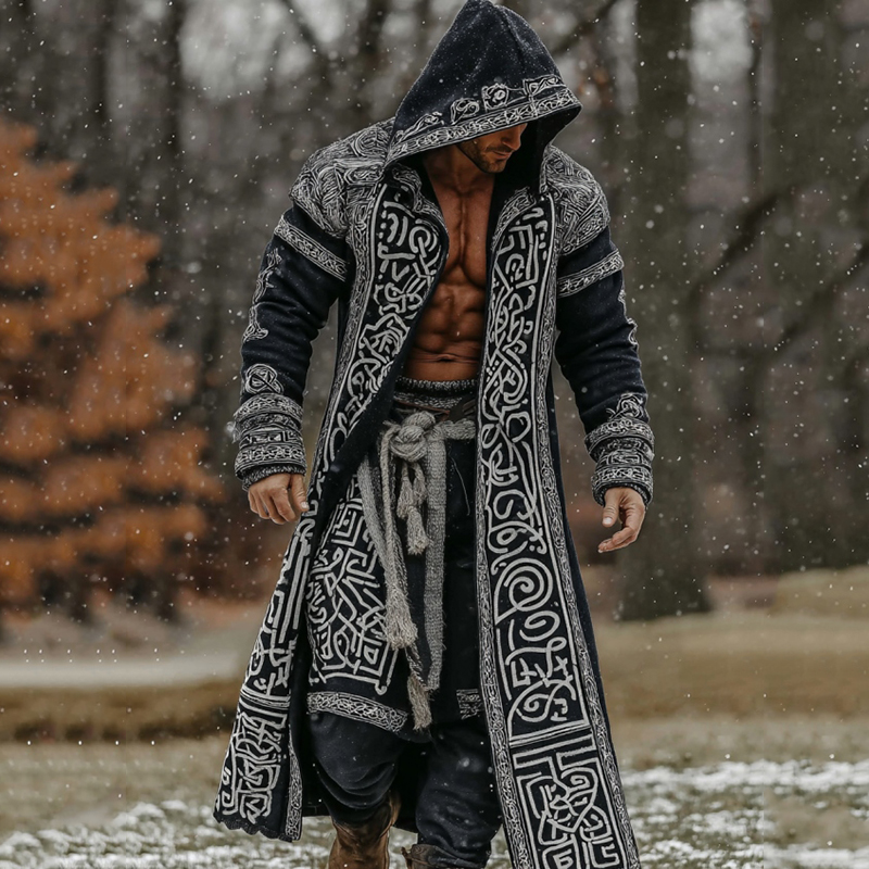 Men's Viking Celtic Knot Geometry Knit Hooded Cardigan
