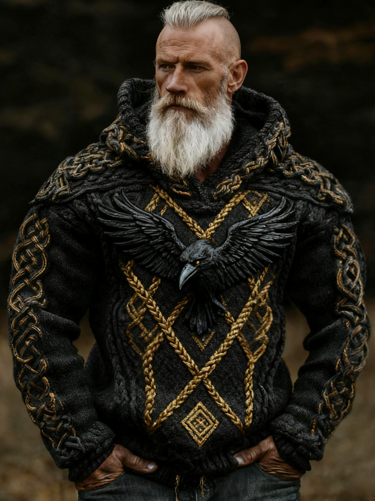 Men's Viking Crow Celtic Knot Jacquard Knitted Hooded Sweater