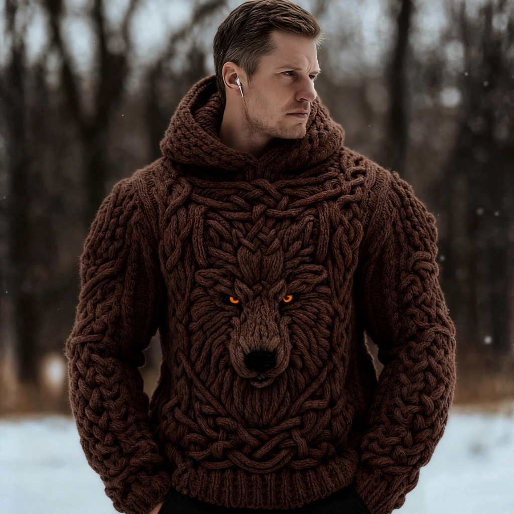 Men's Viking Celtic Wolf Knit Chunky Hooded Sweater