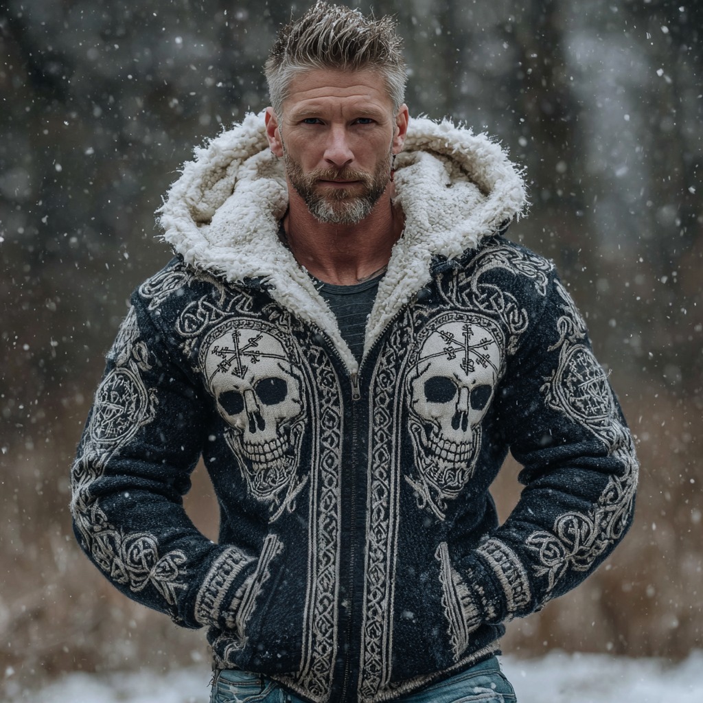 Men's Retro Viking Vegvisir Skull Pattern Knit Zip-up Hooded Sweater