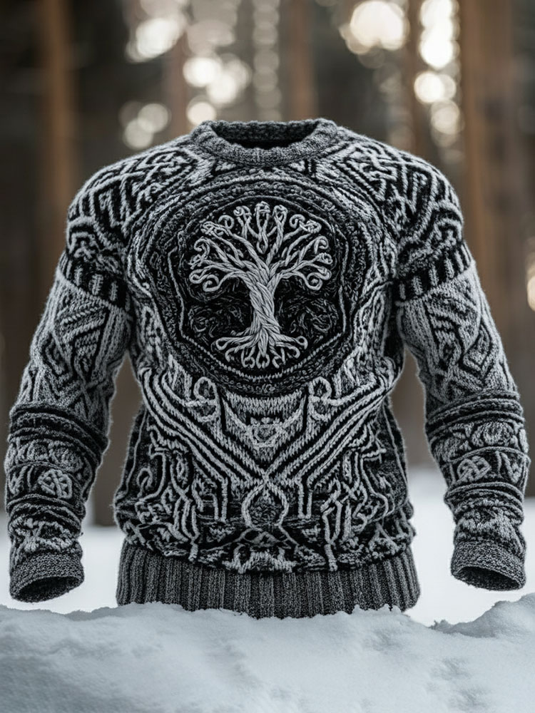 Men's Ancient Viking Tribal With Tree Of Life Art Inspired Winter Warmth Knit Woolen Sweater