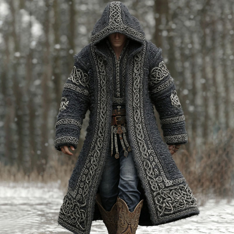 Men's Vintage Viking Celtic Knot Art Mid-length Cardigan Sweater