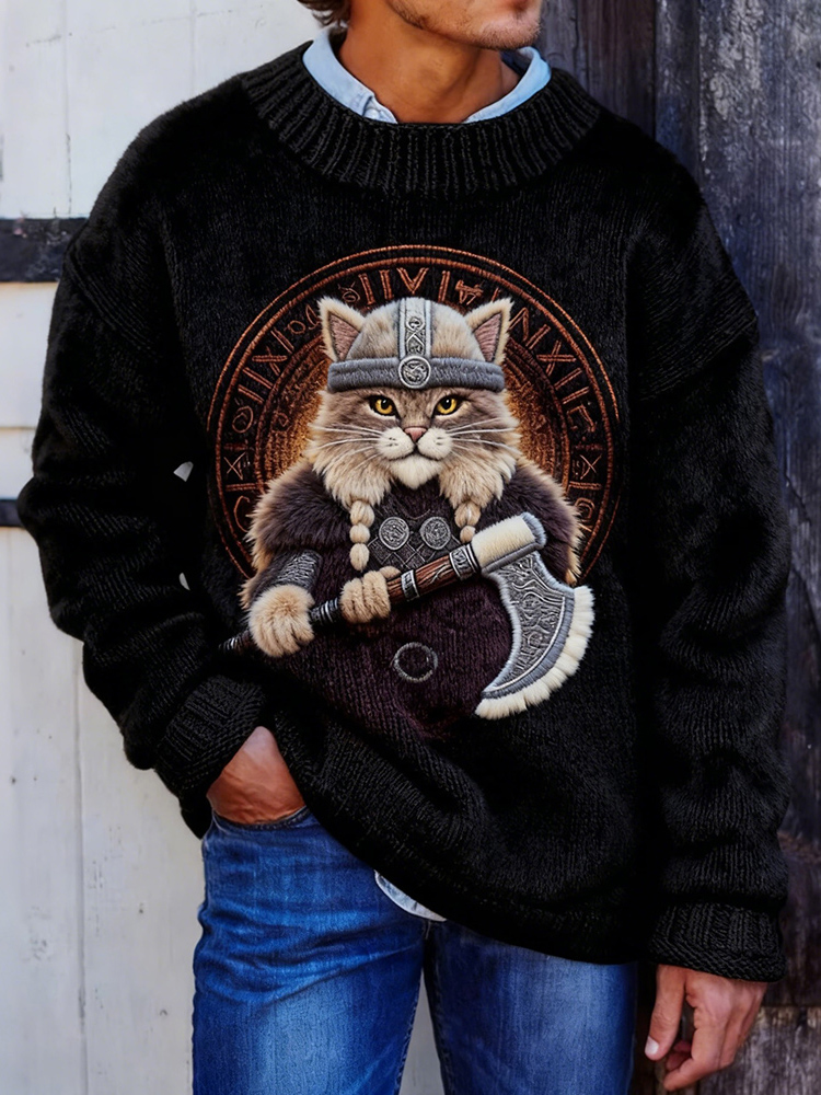 Men's Viking Warrior Cat Art Vintage Cozy Knit Sweater