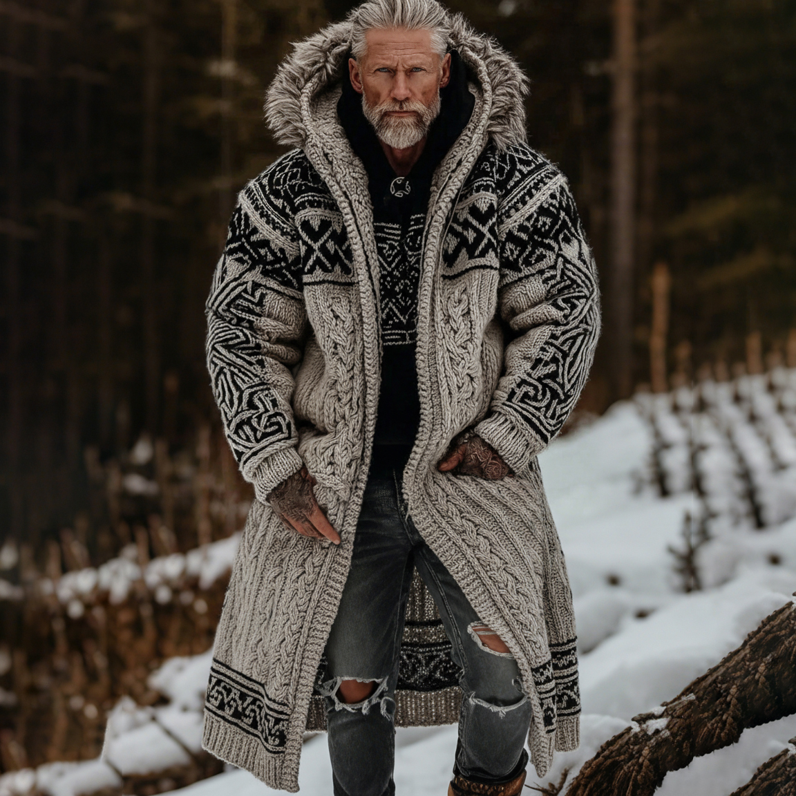 Men's Retro Celtic Knot Art Knit Mid-length Fur Collar Hooded Cardigan