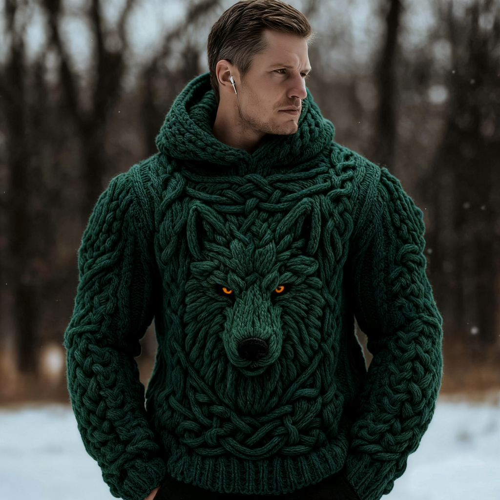 Men's Viking Celtic Wolf Knit Chunky Hooded Sweater