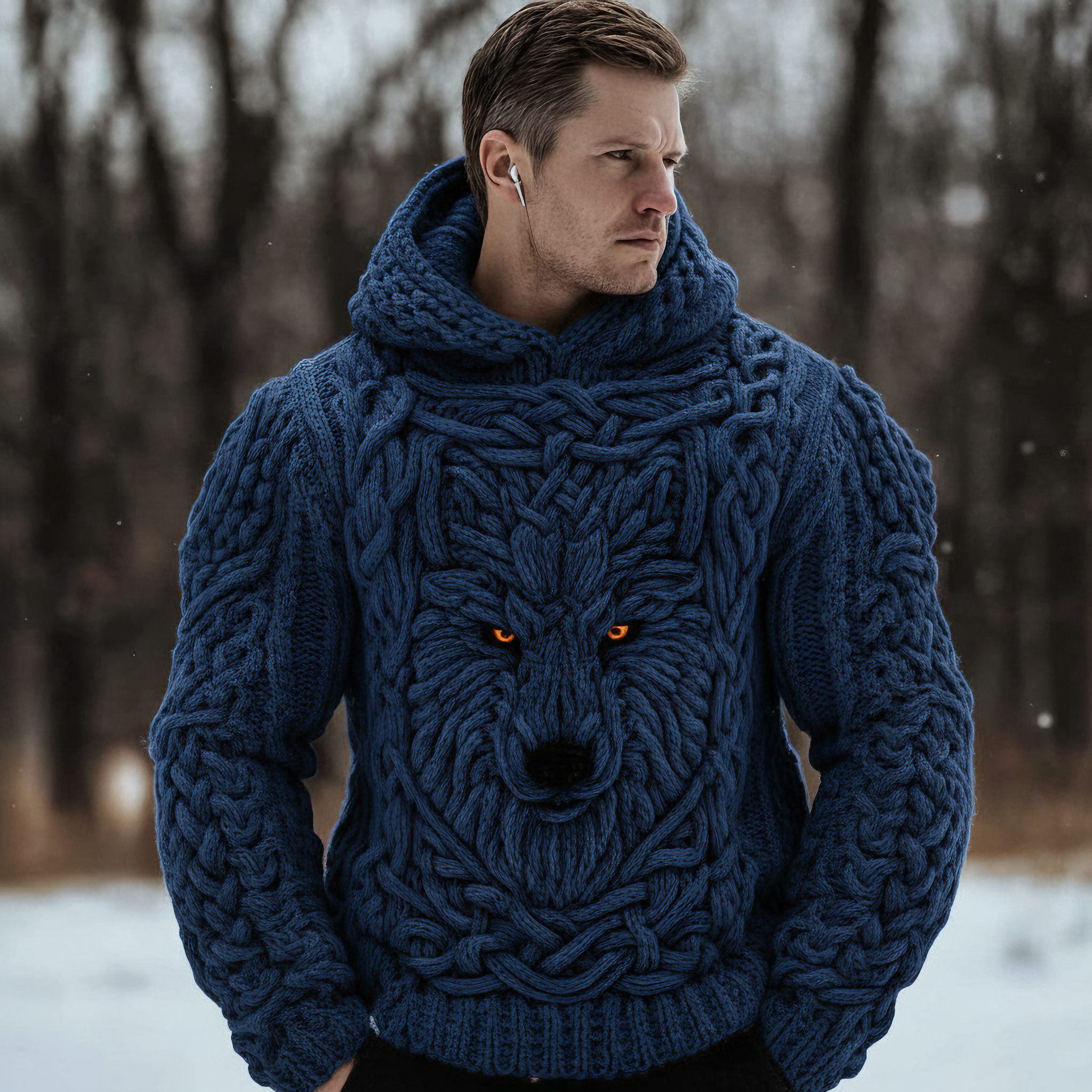 Men's Viking Celtic Wolf Knit Chunky Hooded Sweater