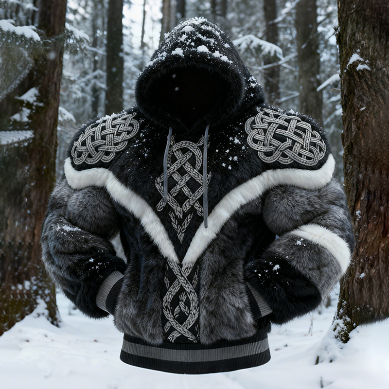 Men's Viking Tribal Jacquard Art Inspired Muscle Line Art Plush Warm Hoodie