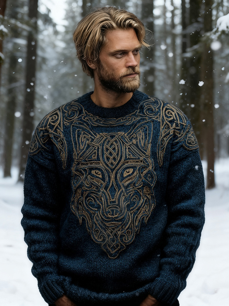 Men's Viking Inspired Celtic Wolf Pattern Knit Cozy Sweater