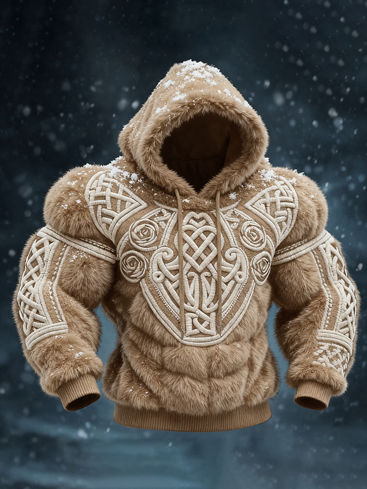 Men's Viking Tribal Jacquard Celtic Muscle Line Inspired Art Plush Warm Hoodie