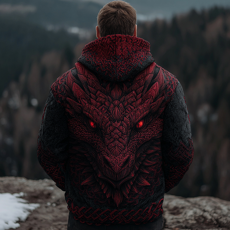 Men's Viking Red Dragon Style Celtic Thick Zip-up Hooded Sweater