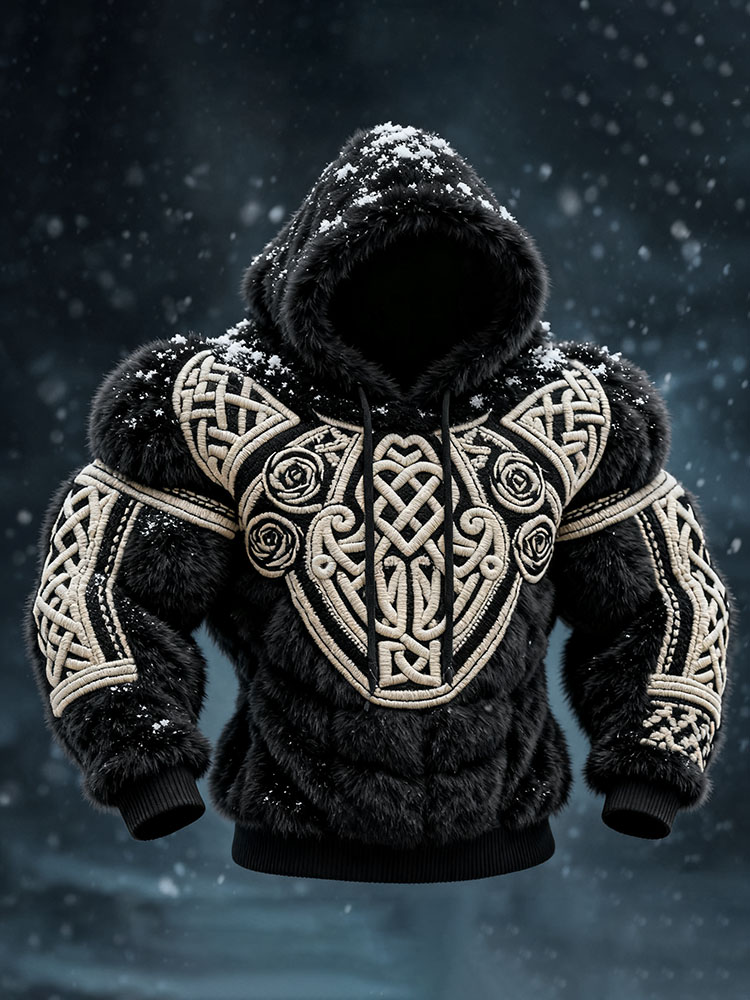 Men's Viking Tribal Jacquard Celtic Muscle Line Inspired Art Plush Warm Hoodie