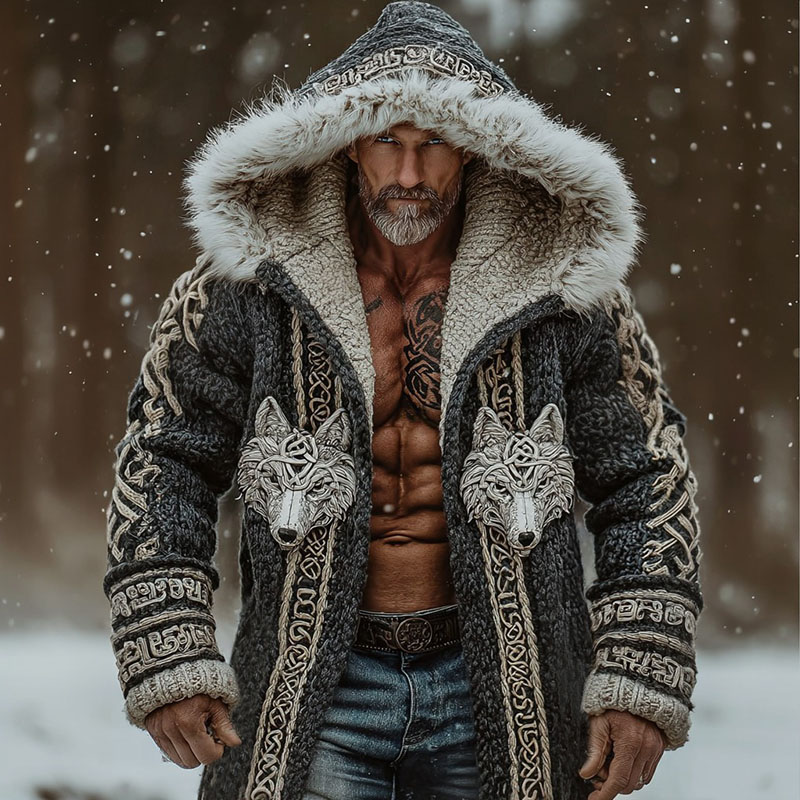 Men's Viking Celtic Knot & Wolf Art Hooded Knit Fuzzy Cardigan