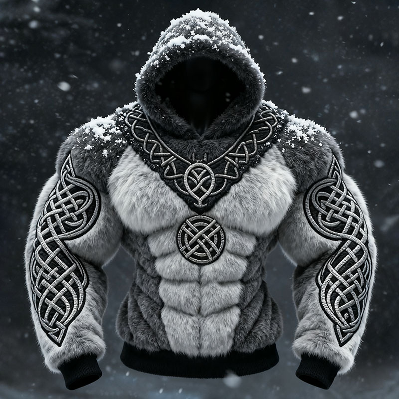 Men's Viking Tribal Jacquard Celtic Inspired Muscle Line Art Plush Warm Hoodie