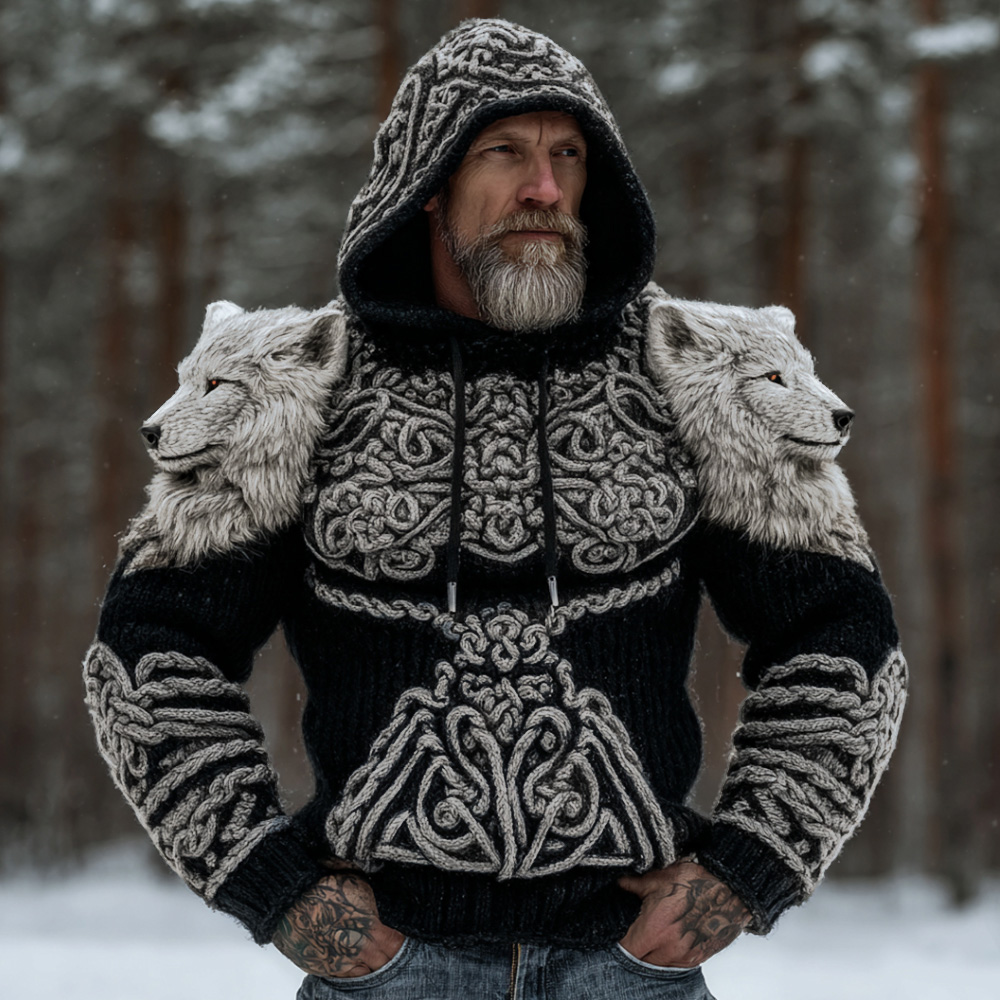 Men's Viking Style Wolf Totem Embroidered Celtic Knot Knitted Thick Hooded Sweater