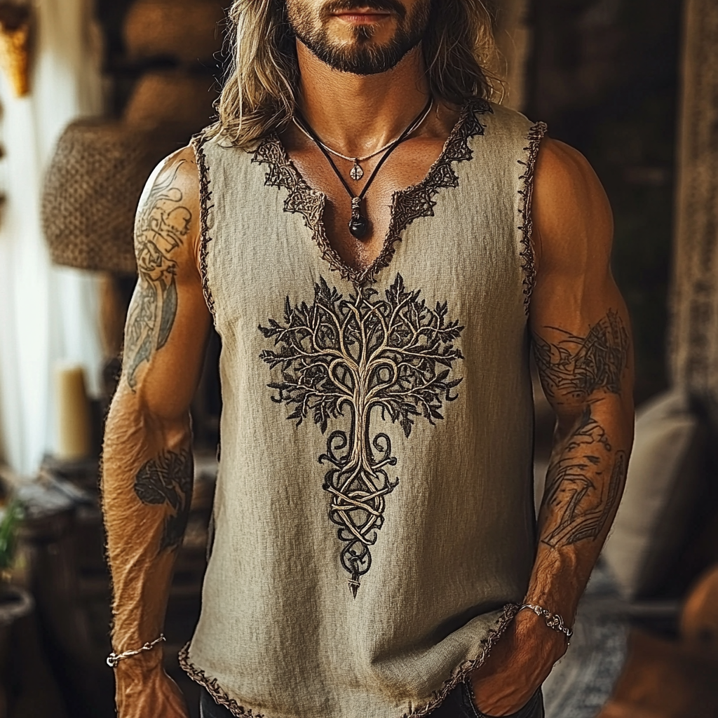 Men's Viking Tribal Celtic Tree Of Life Art V Neck Tank Top