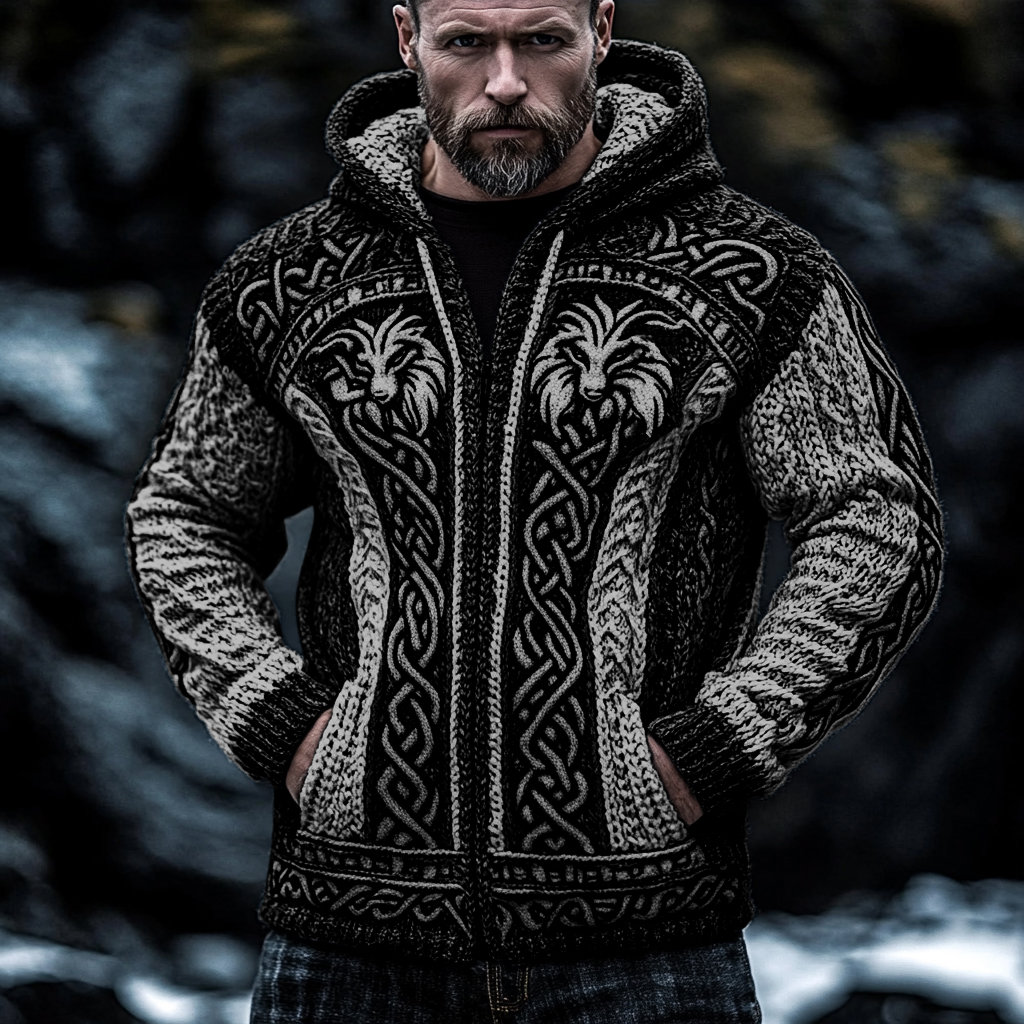 Men's Viking Wolf Style Celtic Thick Zip Hooded Sweater