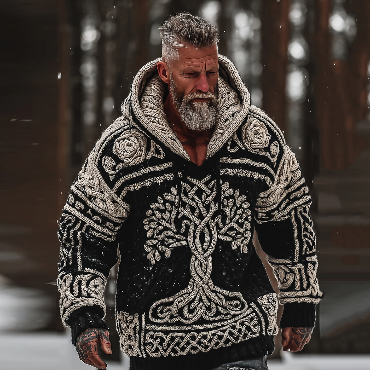 Men's Viking Tree Of Life And Rose Style Celtic Thick Hooded Sweater