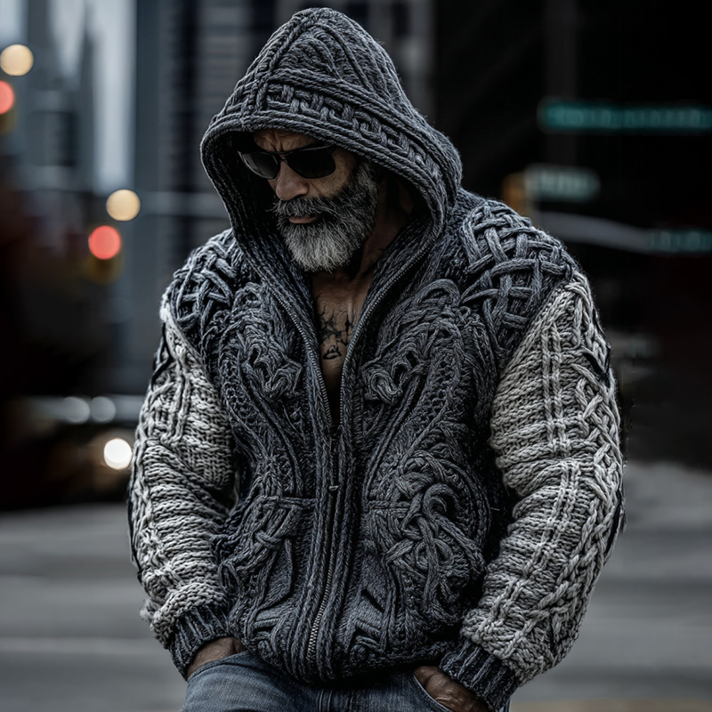 Men's Viking Dragon Totem Chunky Knit Hooded Cardigan