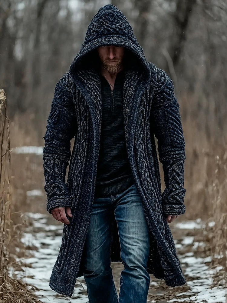 Men's Viking Inspired Celtic Chunky Hooded Sweater Cardigan