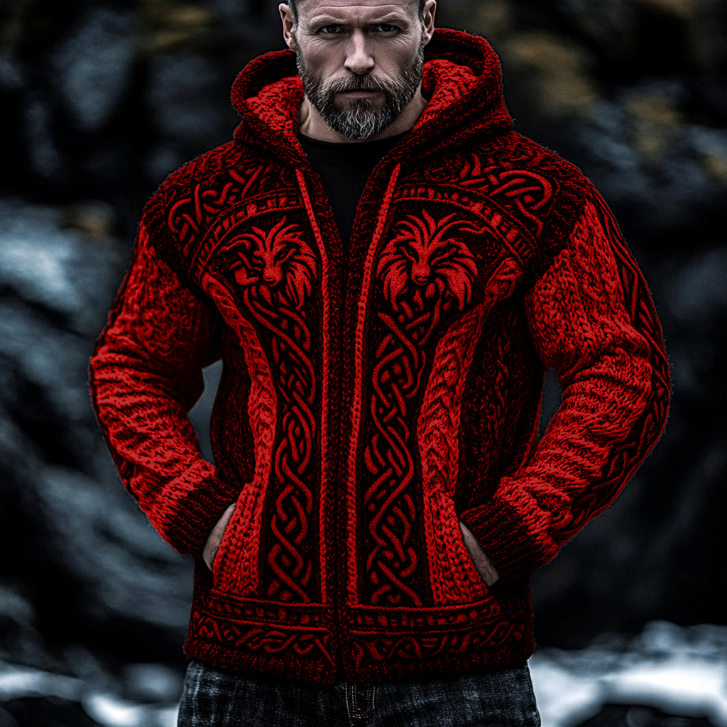 Men's Viking Wolf Style Celtic Thick Zip Hooded Sweater